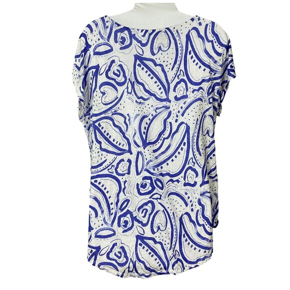 C & C California 100% Linen Cap Sleeve Blue White Floral Curved Hem Tee Small - Picture 3 of 6